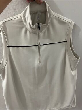 PGA Tour Cream Sleeveless Half-Zip Mock Neck Vest with Black Piping